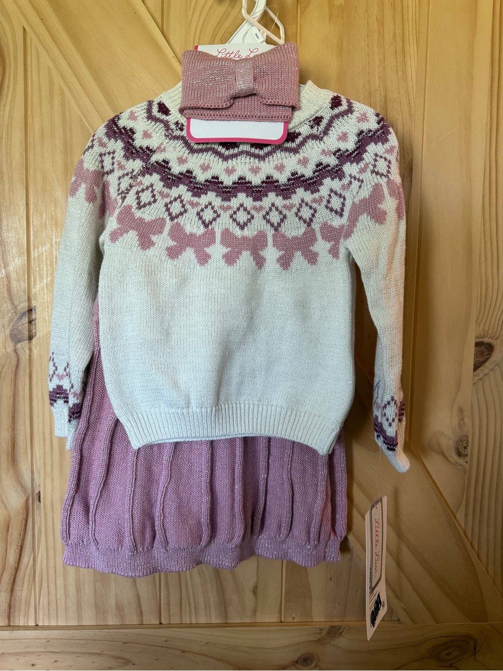 Little Lass Cream and Dusty Pink Fair Isle Crew Sweater and skirt set